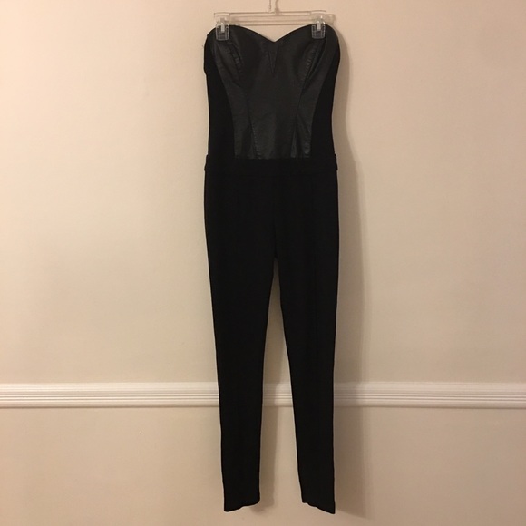 SOLD! Bebe |  Black Leather Jumpsuit Strapless - Picture 3 of 8